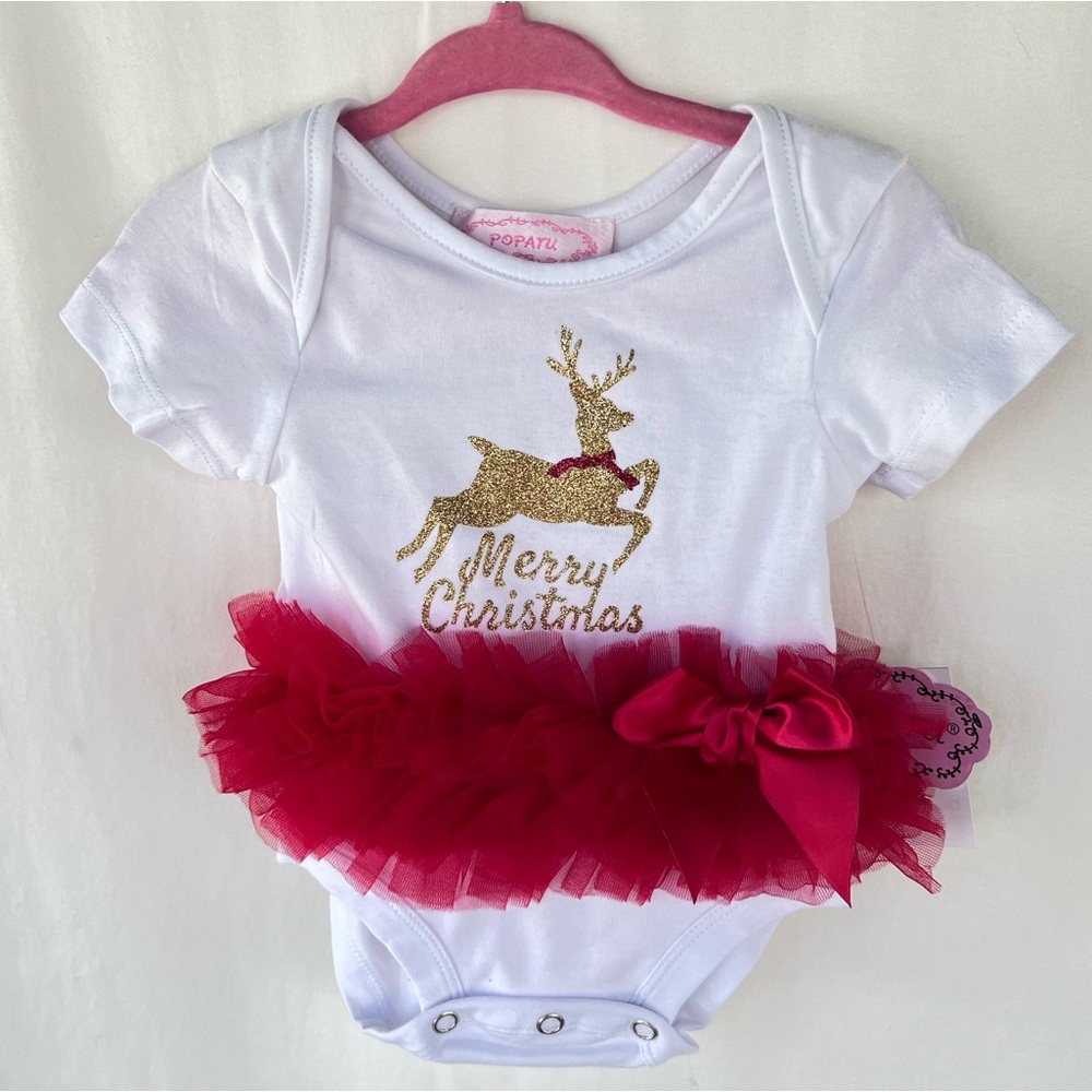 Popatu Baby Girls Gold Reindeer "Merry Christmas" Skirted Bodysuit Size 0-3M NWT
